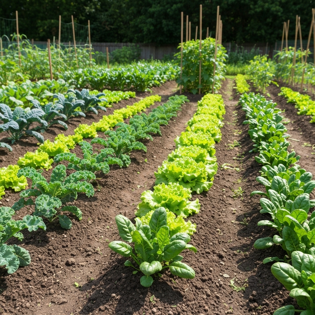 Lush backyard vegetable garden with raised beds