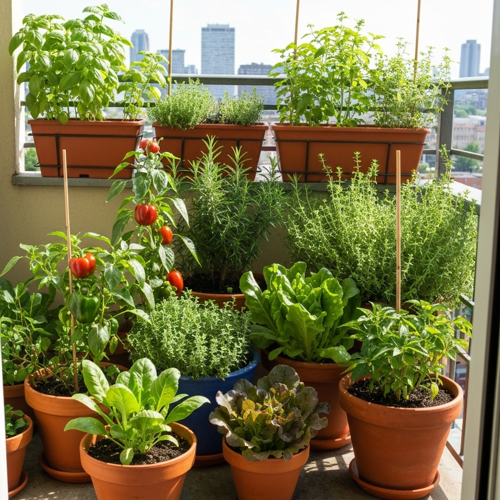 Beautiful balcony garden with potted plants